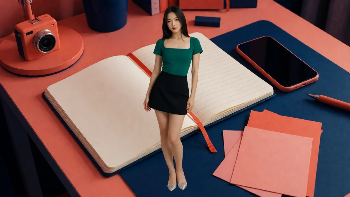 手机桌面入口图：成年女子穿绿色上衣和深色短裙站在笔记本与手机布景上