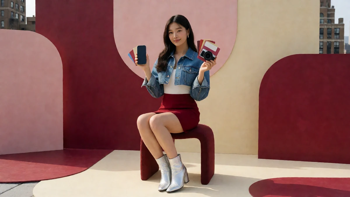 双相机主题图：成年女子穿牛仔外套和红裙坐在粉色布景前举相机