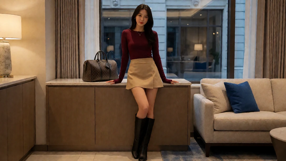 暖灯成熟角色图：成年女子穿酒红上衣和米色短裙站在客厅