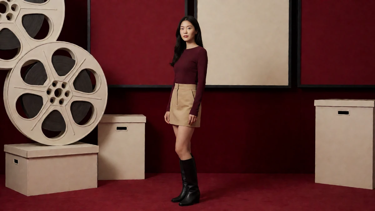 胶片盘主题图：成年女子穿酒红上衣和米色短裙站在胶片盘前