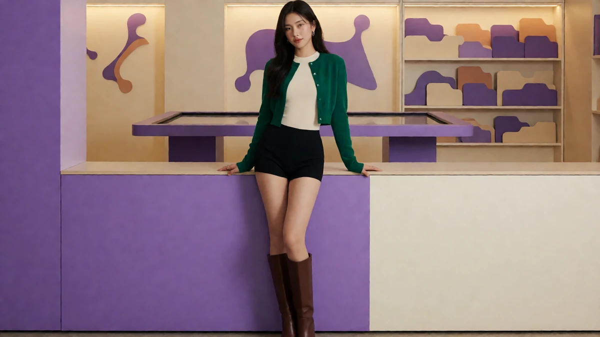绿色外套图片专题图：成年女子穿绿色外套和深色短裙站在紫色展示架前